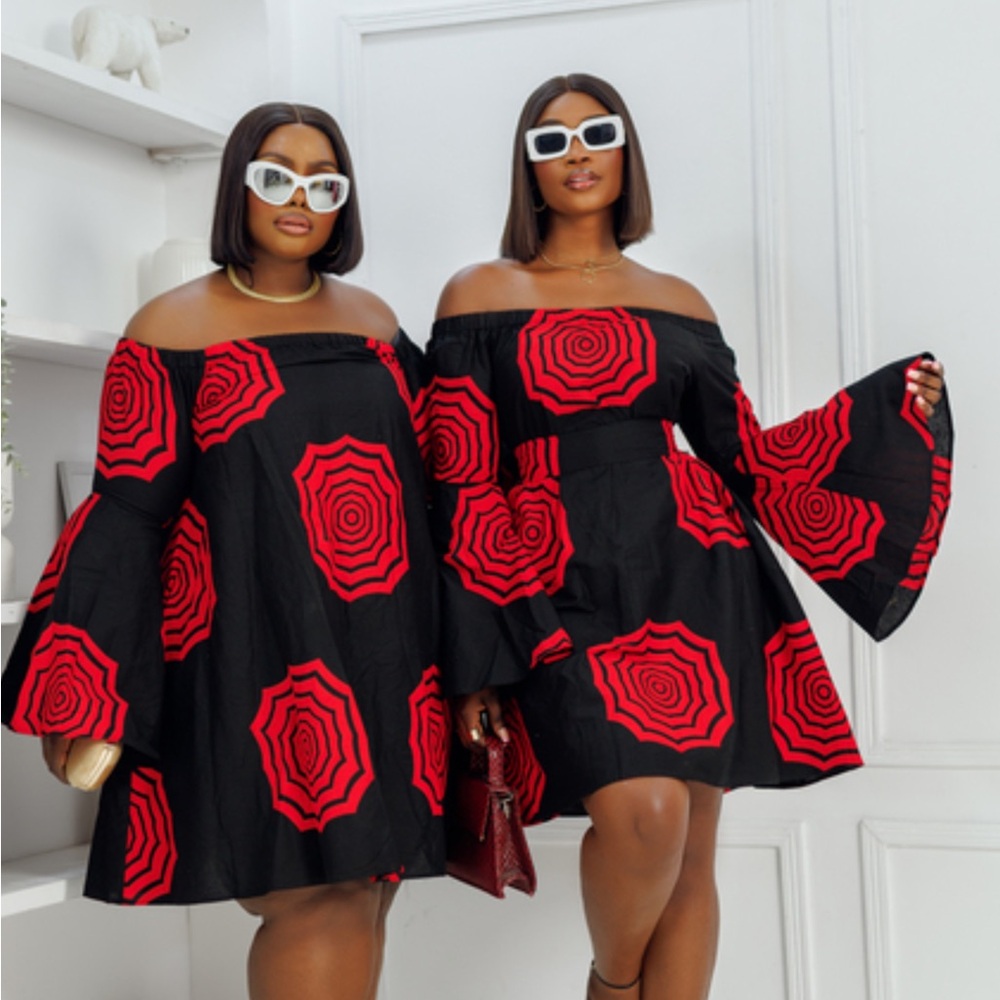 Off-Shoulder Black Dress with Red Geometric Print